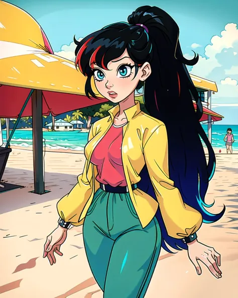 a woman in a yellow jacket and green pants standing on a beach