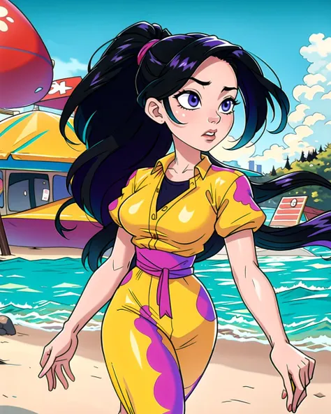 a cartoon girl in a yellow and purple outfit walking on a beach