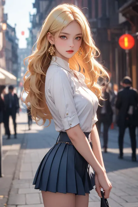 a woman in a short skirt and blouse posing on a street