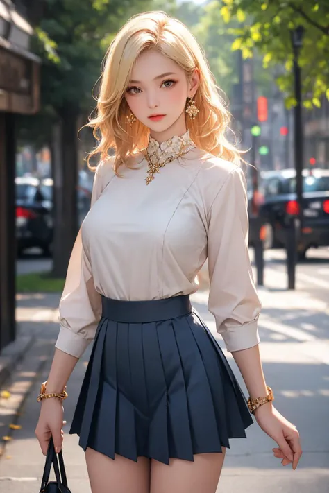 a woman in a skirt and blouse is walking down the street