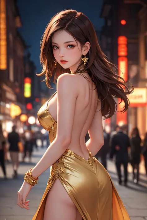 <lora:Again_Girl_A16:0.8>, 1girl, jewelry, gold dress, earrings, solo, looking at viewer, short hair, breasts, bracelet, bare shoulders, large breasts, (brown long hair:1.4), lips, night, outdoors, backless dress, looking back, backless outfit, cowboy shot...