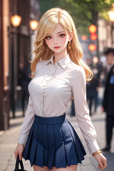 <lora:Again_Girl_A16:0.8>, 1girl, breasts, skirt, blurry, earrings, jewelry, blurry background, looking at viewer, shirt, solo, long hair, blonde hair, open clothes, pleated skirt, outdoors, cowboy shot,