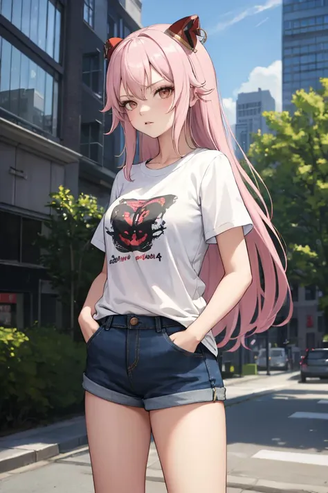 a woman with pink hair and a white shirt standing on a street