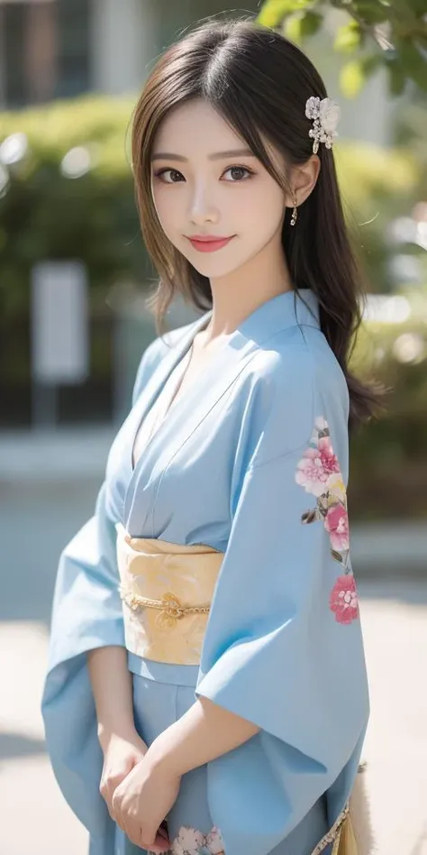 a woman in a blue kimono is posing for a picture