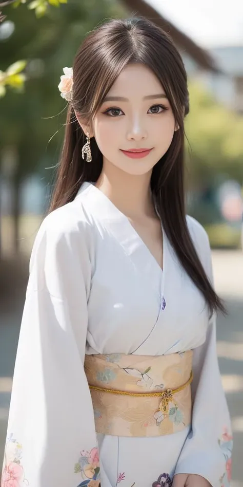 a woman in a white kimono is posing for a picture