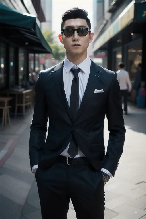 <lora:xh_20231012144452:0.9>,xh,necktie,formal,sunglasses,shirt,suit,multiple boys,pants,male focus,black necktie,jacket,blurry background,blurry,black pants,white shirt,hand in pocket,black jacket,black hair,belt,collared shirt,looking at viewer,realistic...