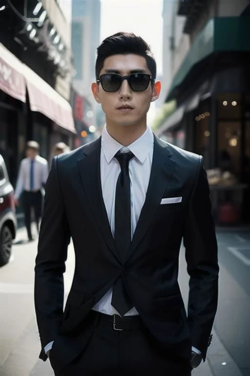 arafed man in a suit and sunglasses standing on a city street