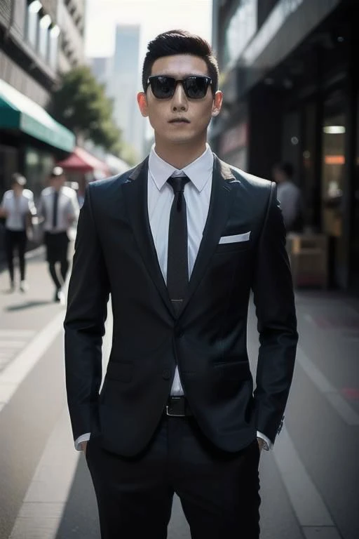 arafed man in a suit and sunglasses standing on a city street