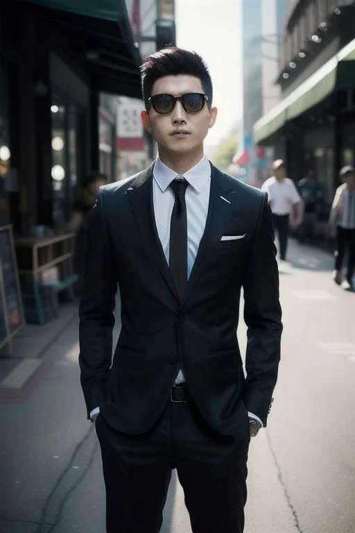 arafed man in a suit and sunglasses standing on a city street