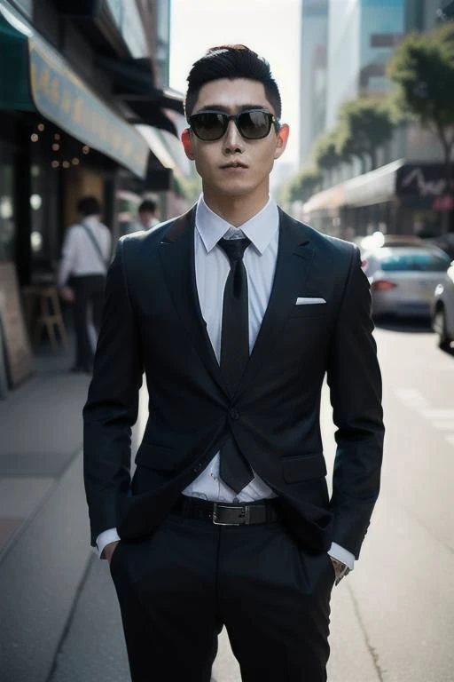 arafed man in a suit and sunglasses standing on a city street