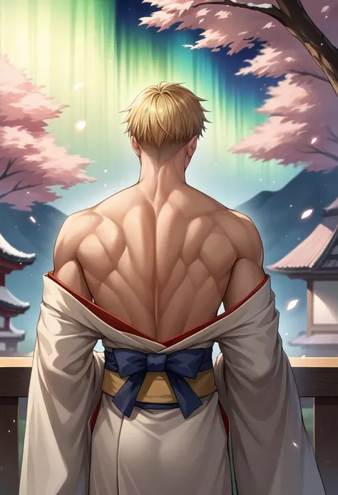 score_9, score_8_up, source_anime, 1boy, solo, KentoNanami, blonde hair, short hair, aurora, back, bare back, bare shoulders, bow, from behind, kimono, light particles, long sleeves, off shoulder, muscular, <lora:ChamKentoNanamiPonyXL:1.0>