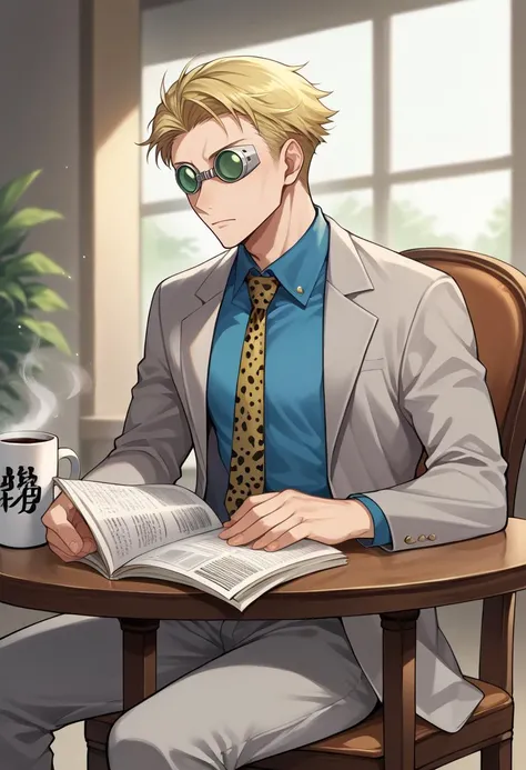 score_9, score_8_up, source_anime, 1boy, solo, NanamiBase, blonde hair, short hair, goggles, grey jacket, yellow necktie, leopard print, blue shirt, collared shirt, grey pants, sitting, on chair, table, coffee mug, reading newspaper, <lora:ChamKentoNanamiP...