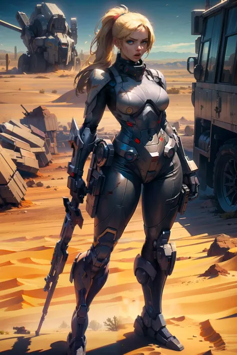 realistic, high quality, (masterpiece: 1.2), extremely read,detailed, absurd, solo woman,(mecha suit,) ,(blonde hair,ponytail), expression of rage,blue eyes, , extremely design bright and shiny, looking at the viewer,(battlefield:1.3),,(standing in desert:...