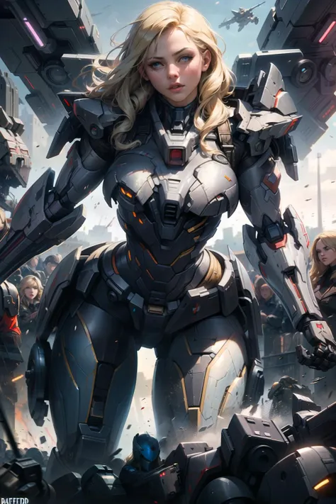 a woman in a futuristic suit standing in front of a group of people