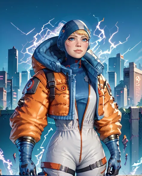 a woman in a space suit standing in front of a city