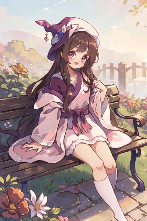 cute girl, long hair, bench, garden, sunlight, tilt head, cute girl, wizard hat, robe, thigh-highs, landscape, scenery, bloom effect, cute girl, wizard hat, robe, valentine, happy, library, bloom effect, light particles, transparent, translucent, bokeh, de...