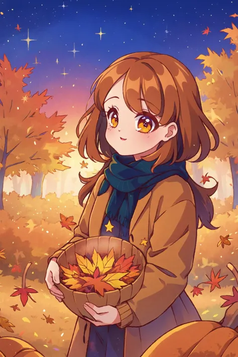 (masterpiece, best quality), 1girl, Cozy Autumn themed Galaxy, flowing, swirling Autumn colors, high contrast, bright stars, Autumn galaxy, fall decor, Autumn elements