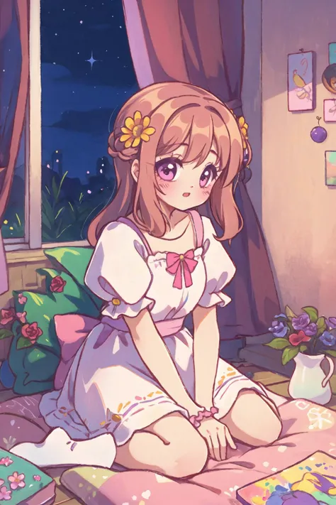 1girl, cute, flowers, curtains, blush, pastel painting, nighttime