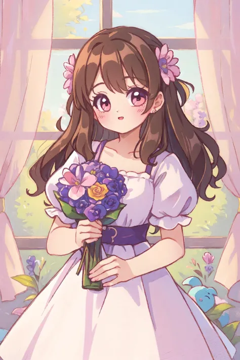 1girl, cute, flowers, curtains, blush, pastel painting