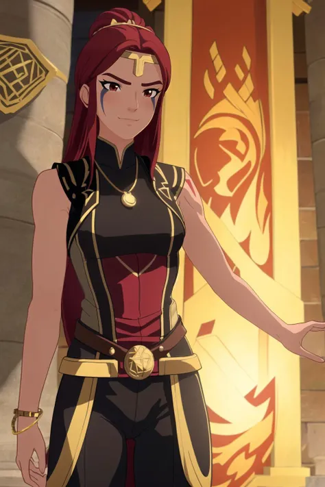 female focus, solo, upper body, 1girl, human, sorceress, (medium breasts:1.1), (muscular, abs, biceps:0.8), (dark skin:1.1), red hair, gradient_hair, (tattoos:1.1), red eyes, eyeshadow, (scowling, angry smile:0.85), ruby pendant, circlet, choker, jewelry, ...