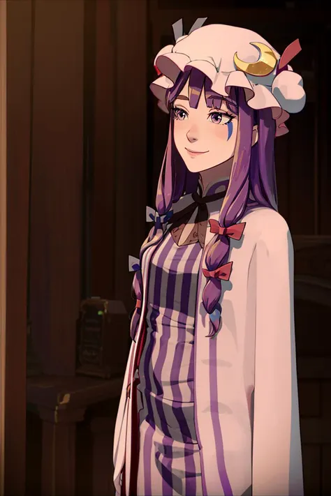 anime girl with purple hair and a white hat standing in a room