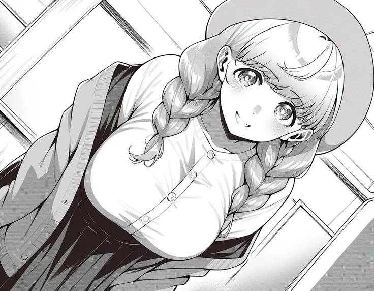 score_9, score_8_up, score_7_up, source_anime,
heriohanamori, <lora:herio-hanamori-manga-ponyxl-lora-nochekaiser:1>,
hanamori, long hair, bangs, braid, twin braids, large breasts, monochrome, greyscale,
skirt, shirt, hat, cardigan,
indoors, classroom, bent...