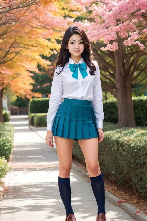 a woman in a skirt and bow tie posing for a picture