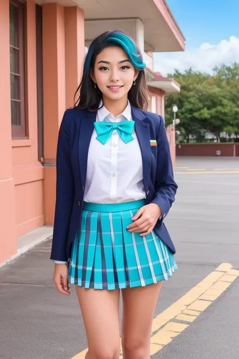 a woman in a blue and white skirt and jacket posing for a picture