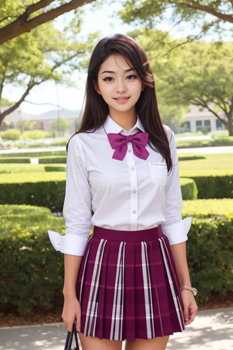 a woman in a skirt and a white shirt is posing for a picture