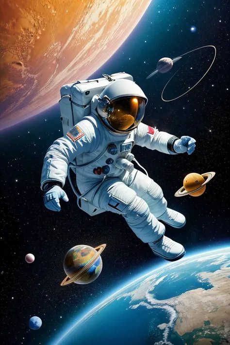 astronaut in outer space with planets and planets in the background