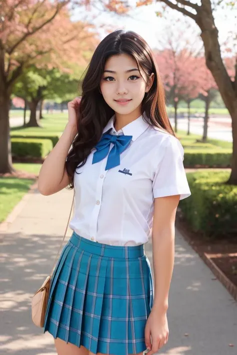 a woman in a blue skirt and white shirt posing for a picture