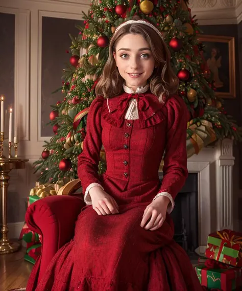 arafed woman in red dress sitting in front of christmas tree