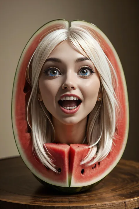 a close up of a woman with a slice of watermelon on her head