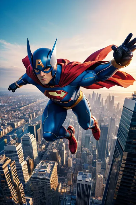 a man in a superman costume flying over a city