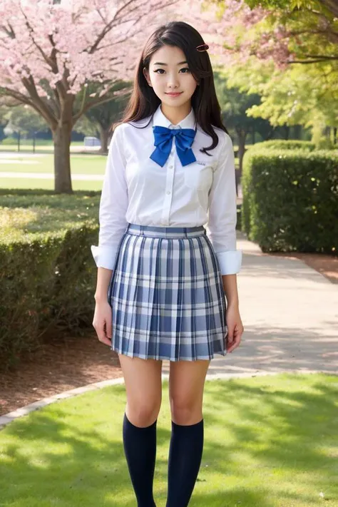 a woman in a skirt and a bow tie standing in a park