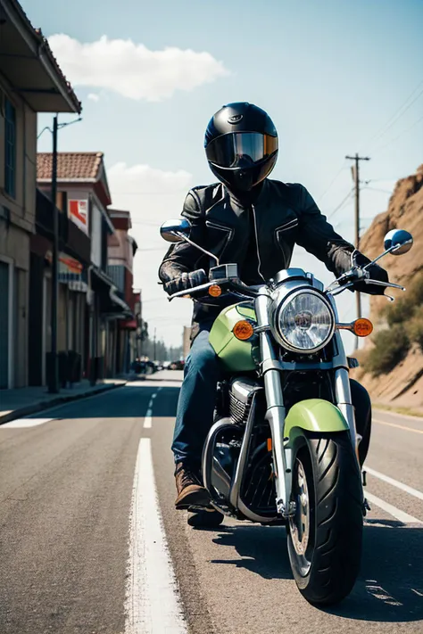 araffe riding a motorcycle down a street in a town