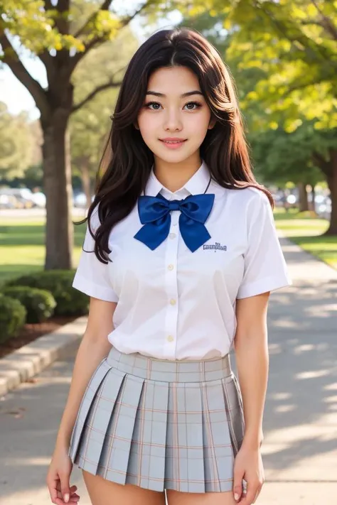 a woman in a skirt and a bow tie posing for a picture