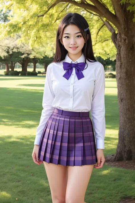 a woman in a skirt and shirt posing in a park