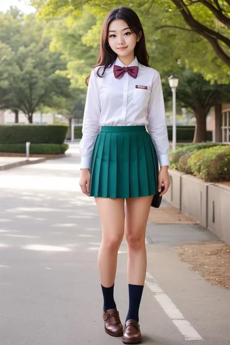 a woman in a skirt and bow tie is standing on a street