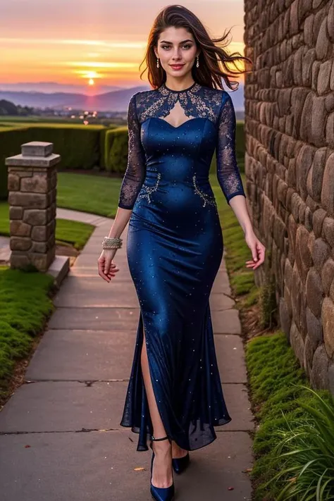 a woman in a blue dress walking down a sidewalk