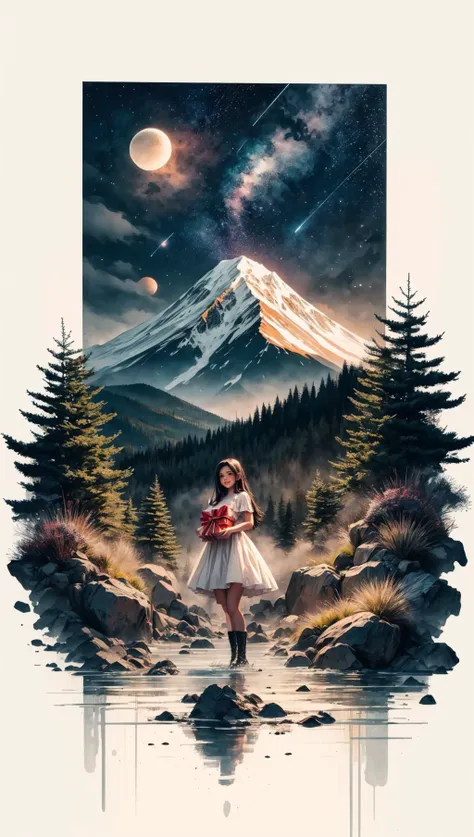 a 20 year old woman,(dark hair),wearing dress,holding a gift,(looking up at shining star above in sky),christmas,magic all around,smile,(tear running down face),night sky,<lora:more_details:0.6>,<lora:Ink scenery:0.8>,white background,scenery,ink,mountains...