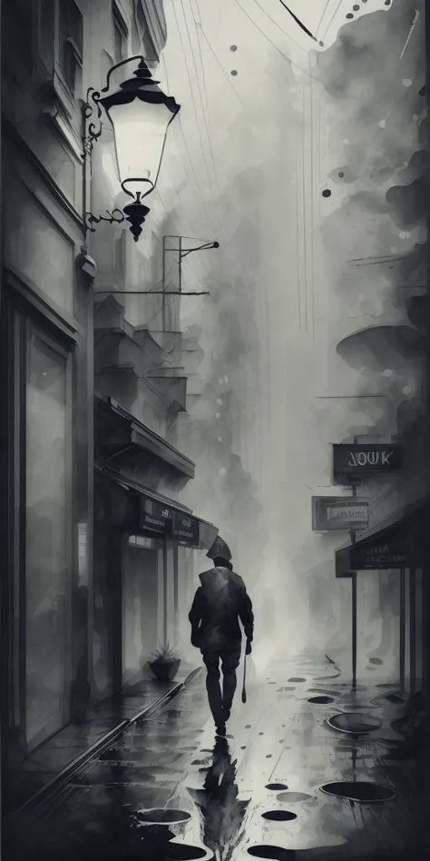 (black background), textured, (ink art, ink illustration, ink, rough:1.4), person walking down quiet street at night in heavy rain, hood, rain, distorted by rainfall, rain lines, flowing lines,  swirling ink, highly detailed background, (one streetlamp, mo...