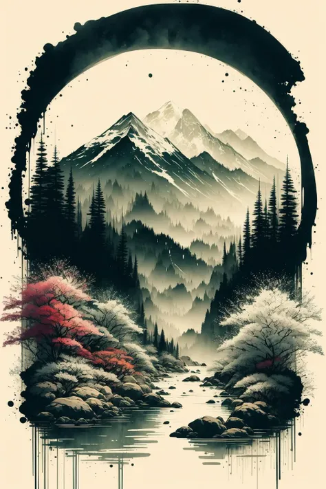 a painting of a mountain scene with a river and trees