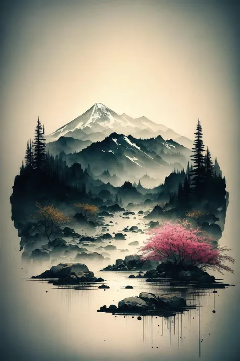 a painting of a mountain with a pink tree in the foreground