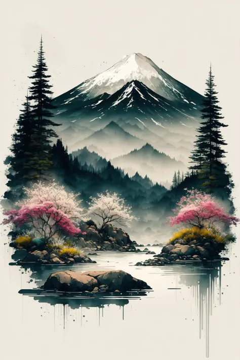 a painting of a mountain with trees and water