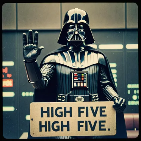 Star Wars analog film photo Photo of darth vader in matrix with a sign that says "high five" . faded film, desaturated, 35mm photo, grainy, vignette, vintage, Kodachrome, Lomography, stained, highly detailed, found footage . Space opera, galaxy far, far aw...