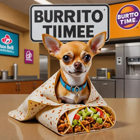 Photo of taco bell chihuahua IN MATRIX with a sign saying "burrito time"