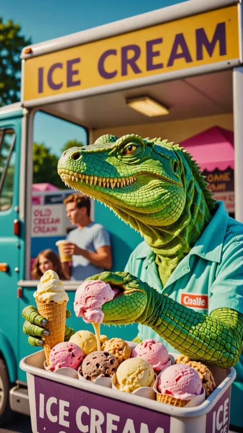 a beautiful high definition crisp portrait of old (reptile:1.2) skin selling ice cream from a truck in a suburban area, taken with a professional grade camera with exquisite color grading