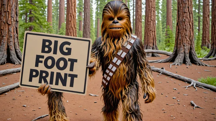 Photo of chewbacca with a sign that says "big foot print"