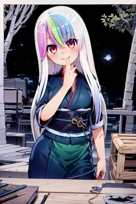 anime girl with long white hair and colorful hair standing in front of a table